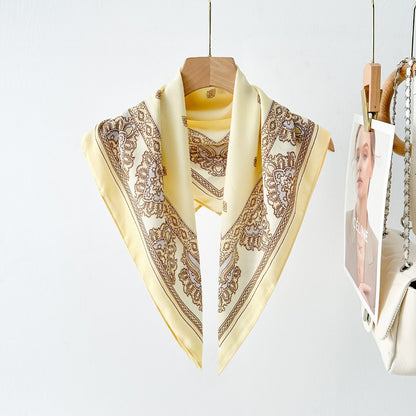 Silk Satin Scarf With Flowers Pattern In Commute Style, Perfect For Autumn Season