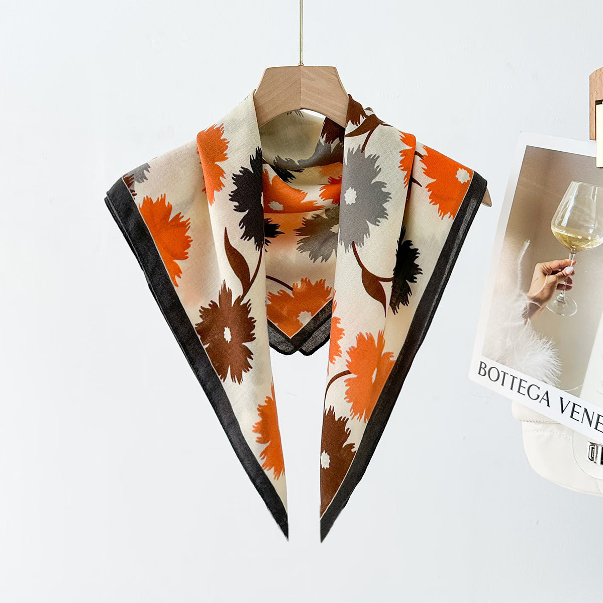 Silk Satin Scarf With Flowers Pattern In Commute Style, Perfect For Autumn Season