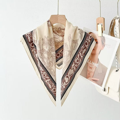 Silk Satin Scarf With Flowers Pattern In Commute Style, Perfect For Autumn Season