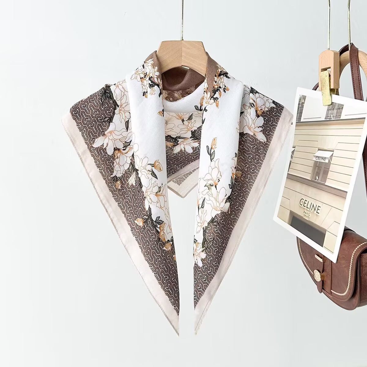 Silk Satin Scarf With Flowers Pattern In Commute Style, Perfect For Autumn Season