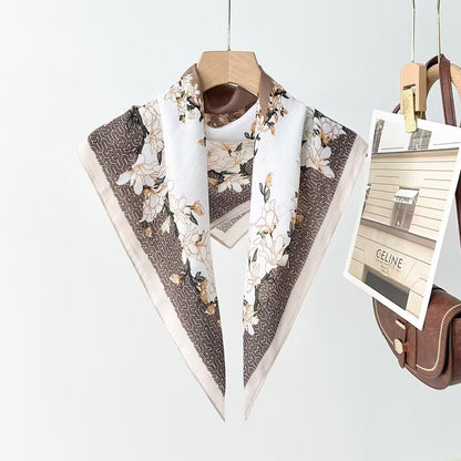 Silk Satin Scarf With Flowers Pattern In Commute Style, Perfect For Autumn Season