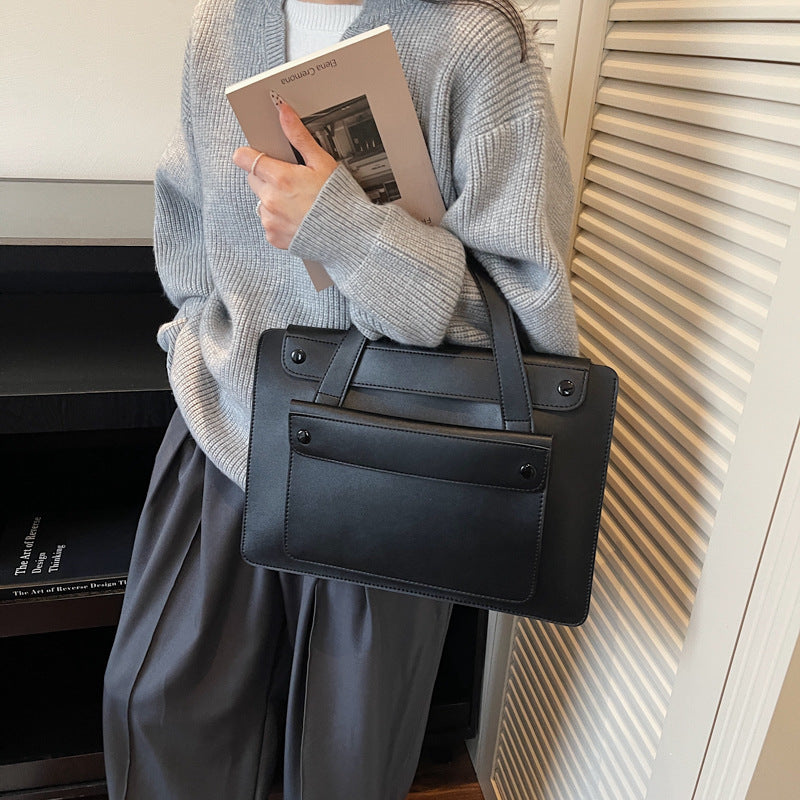 Solid Color Genuine Leather Square Briefcase With Sewing Thread Detail, Single Shoulder Strap, Winter Use