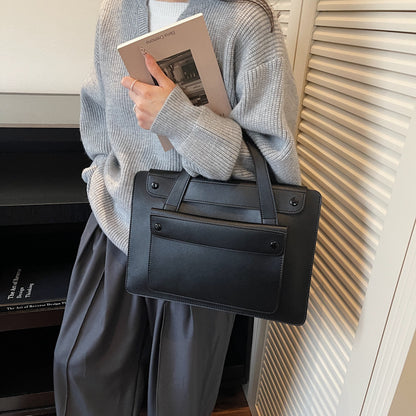 Solid Color Genuine Leather Square Briefcase With Sewing Thread Detail, Single Shoulder Strap, Winter Use