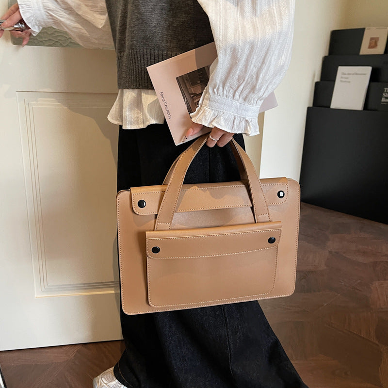 Solid Color Genuine Leather Square Briefcase With Sewing Thread Detail, Single Shoulder Strap, Winter Use