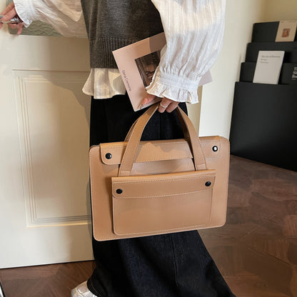 Solid Color Genuine Leather Square Briefcase With Sewing Thread Detail, Single Shoulder Strap, Winter Use