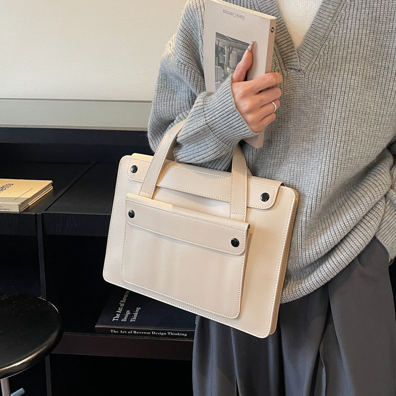 Solid Color Genuine Leather Square Briefcase With Sewing Thread Detail, Single Shoulder Strap, Winter Use