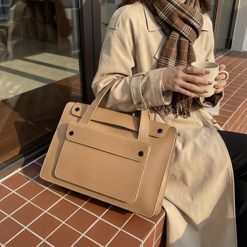 Solid Color Genuine Leather Square Briefcase With Sewing Thread Detail, Single Shoulder Strap, Winter Use