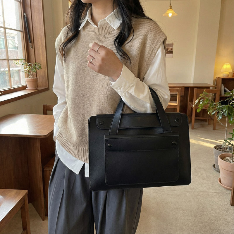 Solid Color Genuine Leather Square Briefcase With Sewing Thread Detail, Single Shoulder Strap, Winter Use