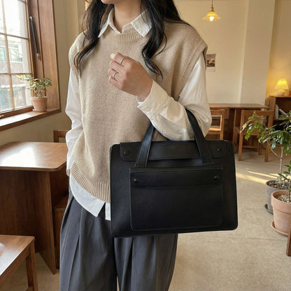 Solid Color Genuine Leather Square Briefcase With Sewing Thread Detail, Single Shoulder Strap, Winter Use