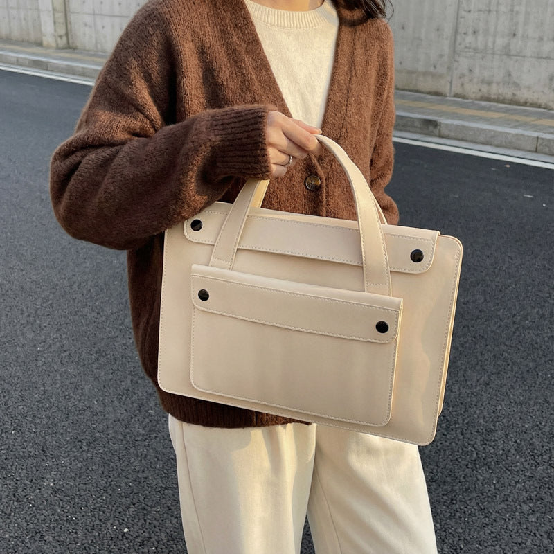 Solid Color Genuine Leather Square Briefcase With Sewing Thread Detail, Single Shoulder Strap, Winter Use