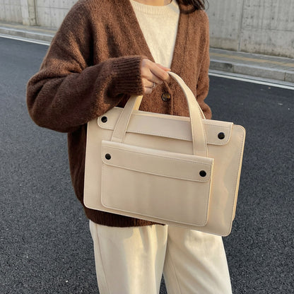 Solid Color Genuine Leather Square Briefcase With Sewing Thread Detail, Single Shoulder Strap, Winter Use