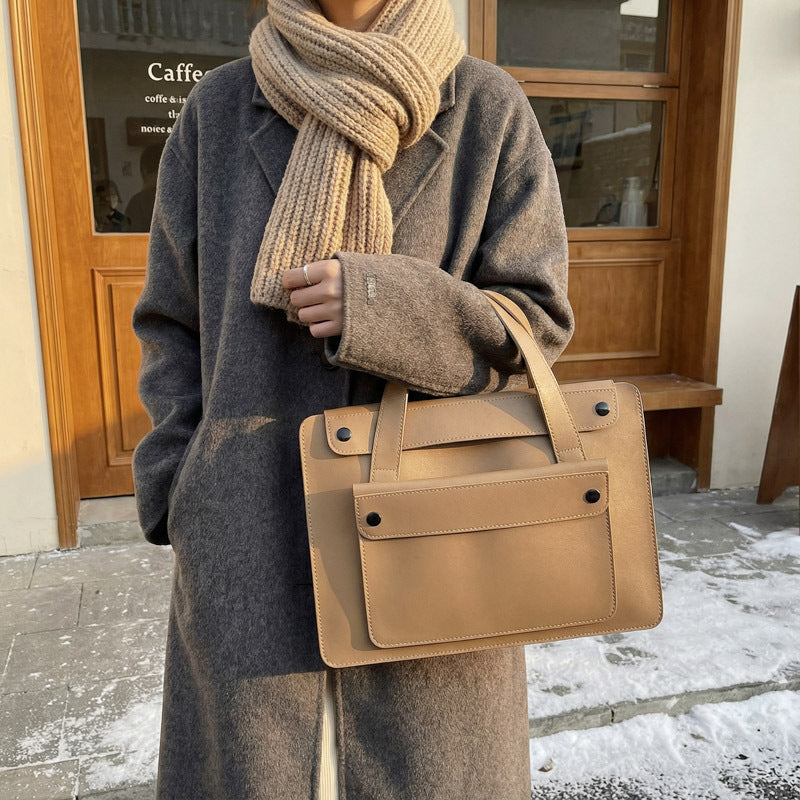 Solid Color Genuine Leather Square Briefcase With Sewing Thread Detail, Single Shoulder Strap, Winter Use