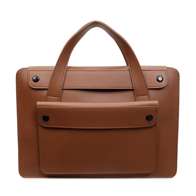 Solid Color Genuine Leather Square Briefcase With Sewing Thread Detail, Single Shoulder Strap, Winter Use