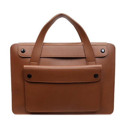 Solid Color Genuine Leather Square Briefcase With Sewing Thread Detail, Single Shoulder Strap, Winter Use
