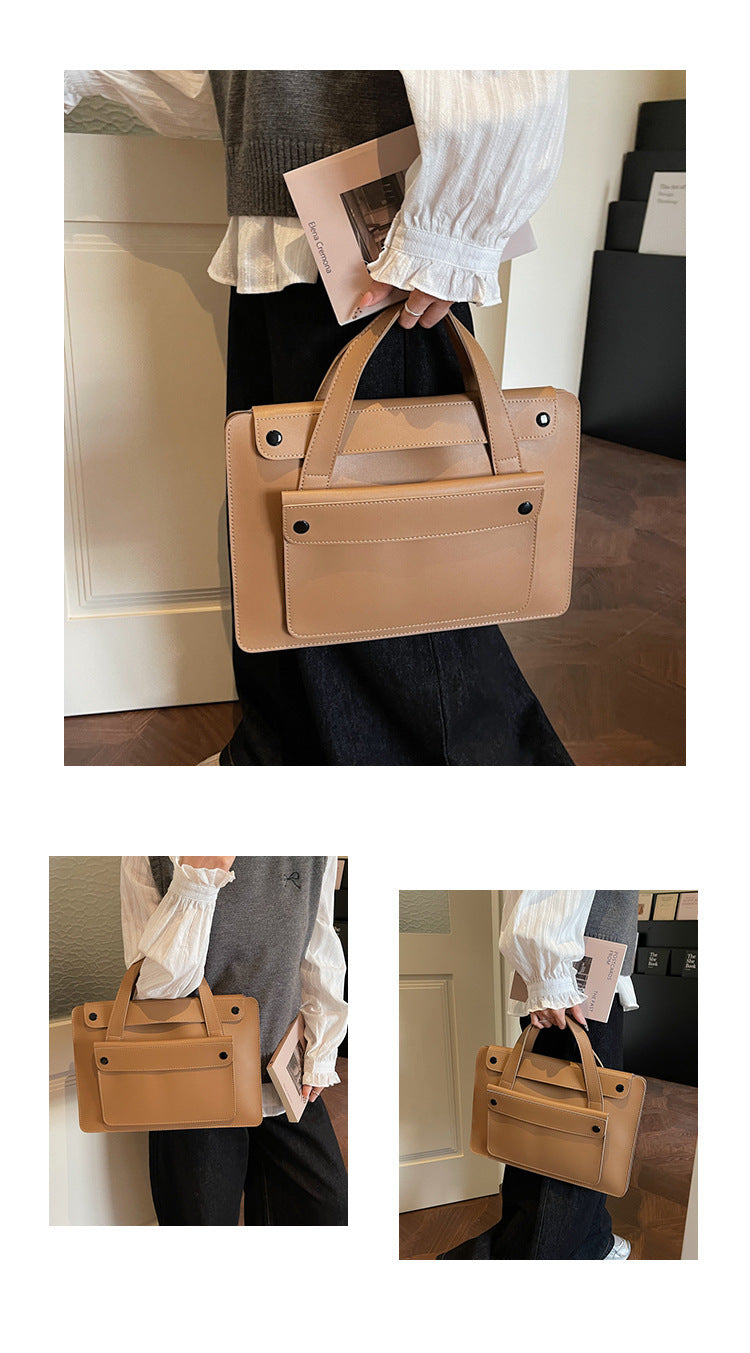 Solid Color Genuine Leather Square Briefcase With Sewing Thread Detail, Single Shoulder Strap, Winter Use