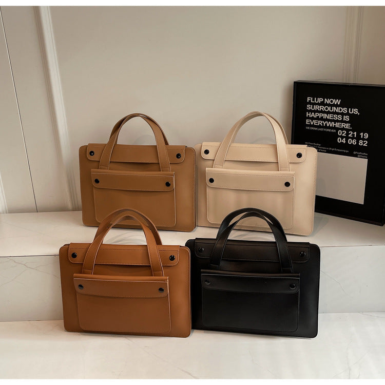 Solid Color Genuine Leather Square Briefcase With Sewing Thread Detail, Single Shoulder Strap, Winter Use