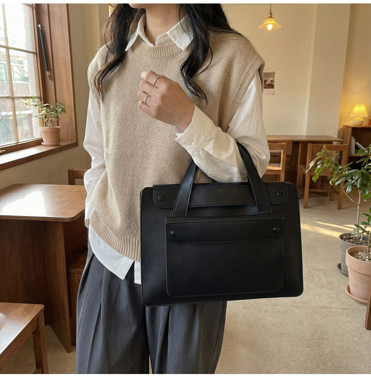 Solid Color Genuine Leather Square Briefcase With Sewing Thread Detail, Single Shoulder Strap, Winter Use