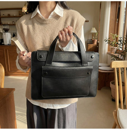 Solid Color Genuine Leather Square Briefcase With Sewing Thread Detail, Single Shoulder Strap, Winter Use