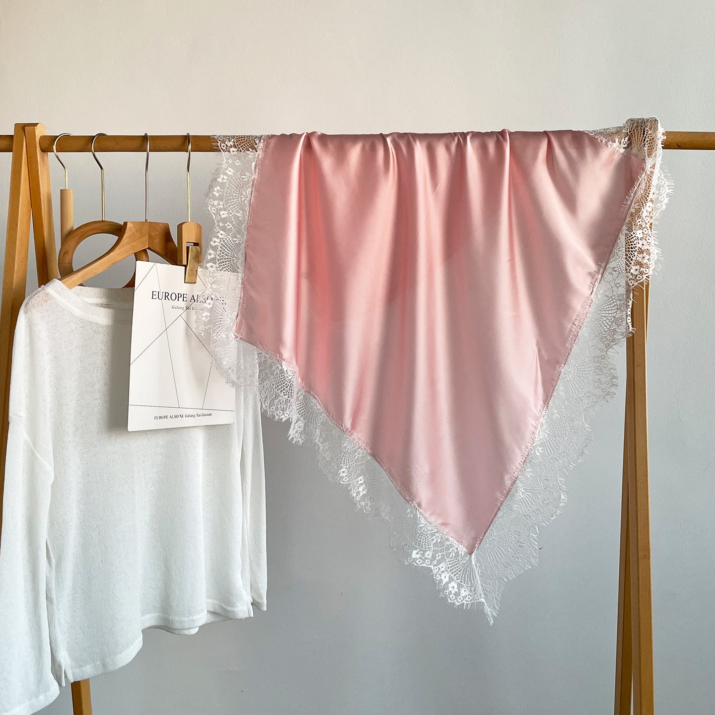 French Style Lace Silk Scarf In Satin Featuring Natural Pink Color, Perfect For Summer Wear