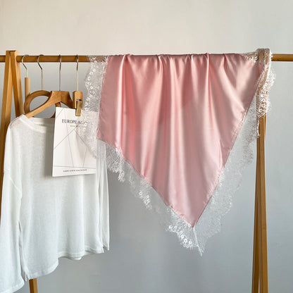 French Style Lace Silk Scarf In Satin Featuring Natural Pink Color, Perfect For Summer Wear