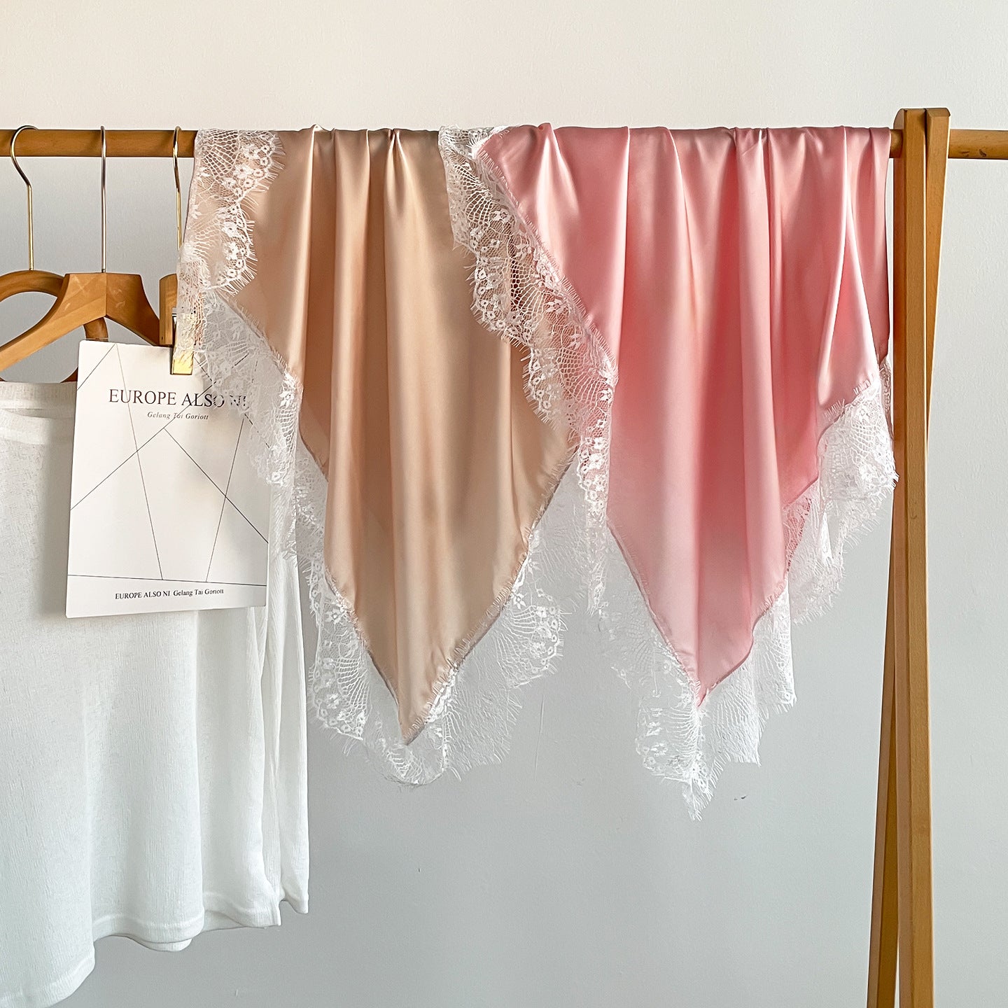 French Style Lace Silk Scarf In Satin Featuring Natural Pink Color, Perfect For Summer Wear