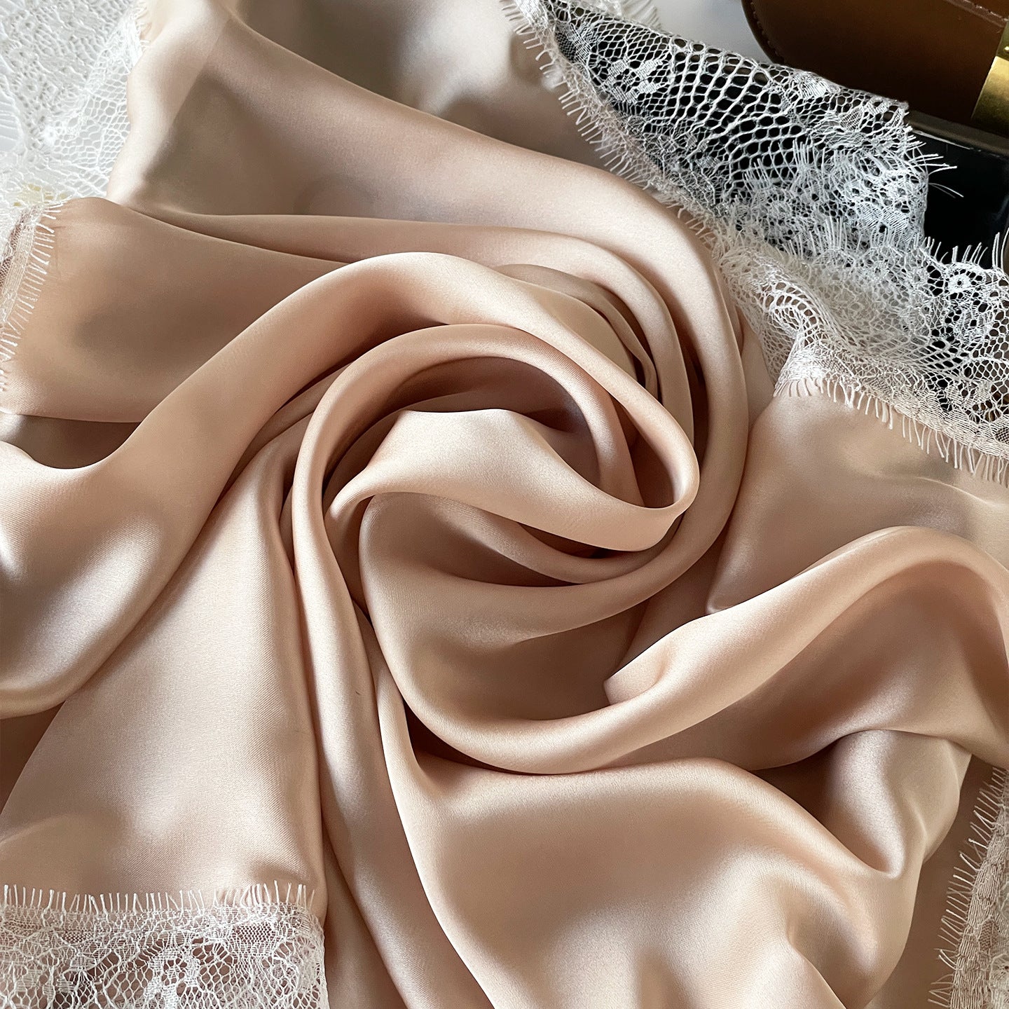 French Style Lace Silk Scarf In Satin Featuring Natural Pink Color, Perfect For Summer Wear