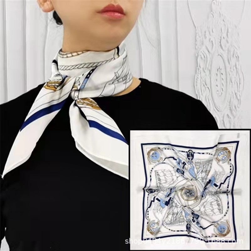 Women's Chiffon Silk Scarf With Flowers Pattern In White, Perfect For Spring