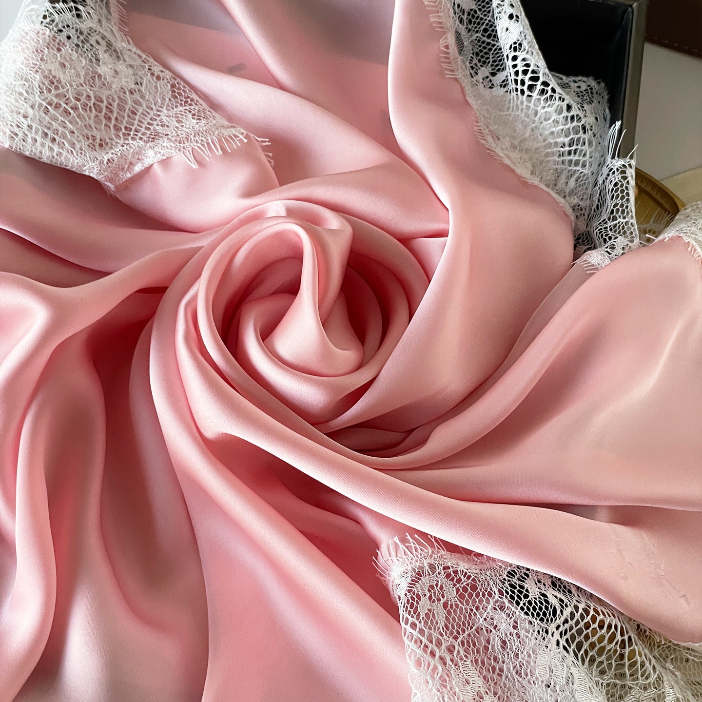 French Style Lace Silk Scarf In Satin Featuring Natural Pink Color, Perfect For Summer Wear