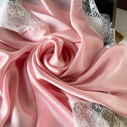 French Style Lace Silk Scarf In Satin Featuring Natural Pink Color, Perfect For Summer Wear