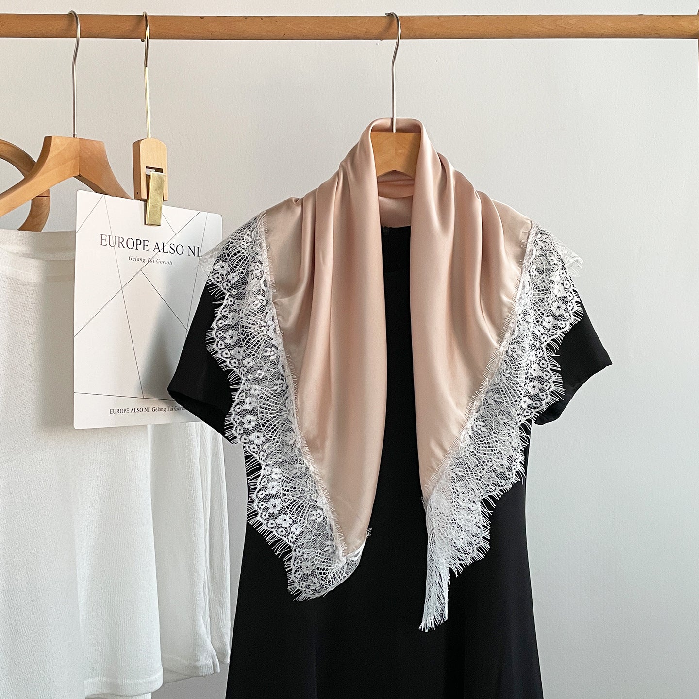 French Style Lace Silk Scarf In Satin Featuring Natural Pink Color, Perfect For Summer Wear