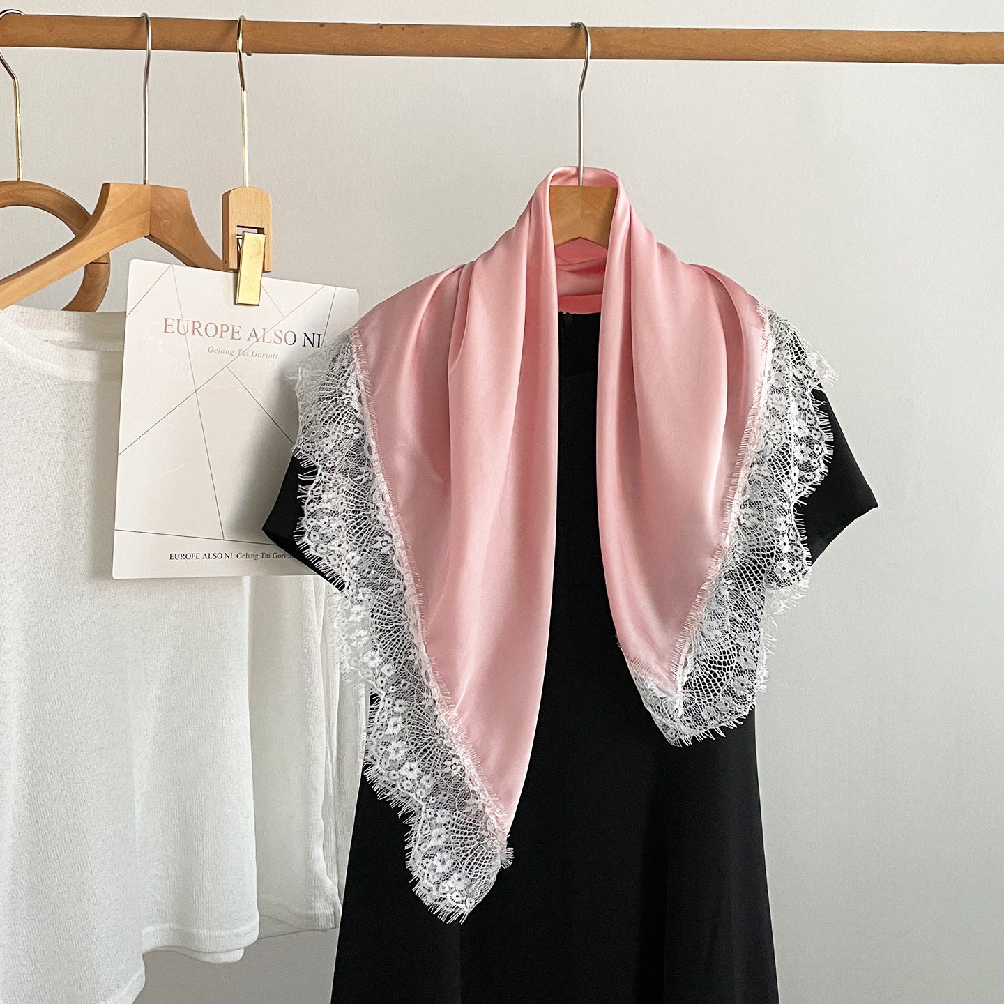 French Style Lace Silk Scarf In Satin Featuring Natural Pink Color, Perfect For Summer Wear