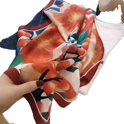 Women's Chiffon Silk Scarf With Flowers Pattern In White, Perfect For Spring
