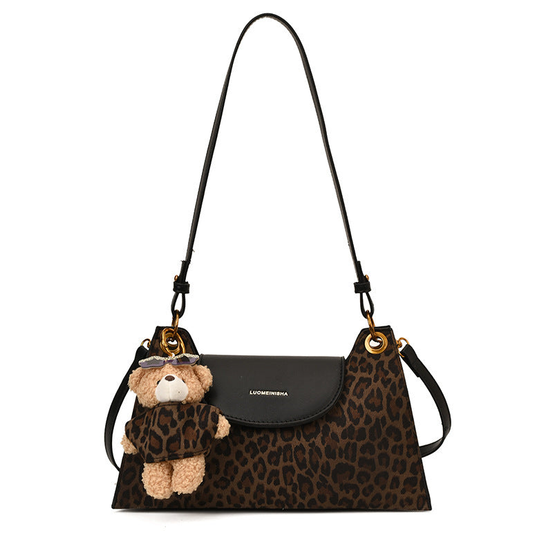 Leopard Print Square Underarm Bag For Women In Polyester With Single Shoulder Strap Ornament