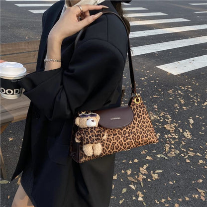 Leopard Print Square Underarm Bag For Women In Polyester With Single Shoulder Strap Ornament