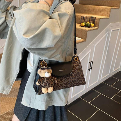 Leopard Print Square Underarm Bag For Women In Polyester With Single Shoulder Strap Ornament