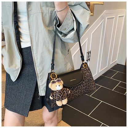 Leopard Print Square Underarm Bag For Women In Polyester With Single Shoulder Strap Ornament