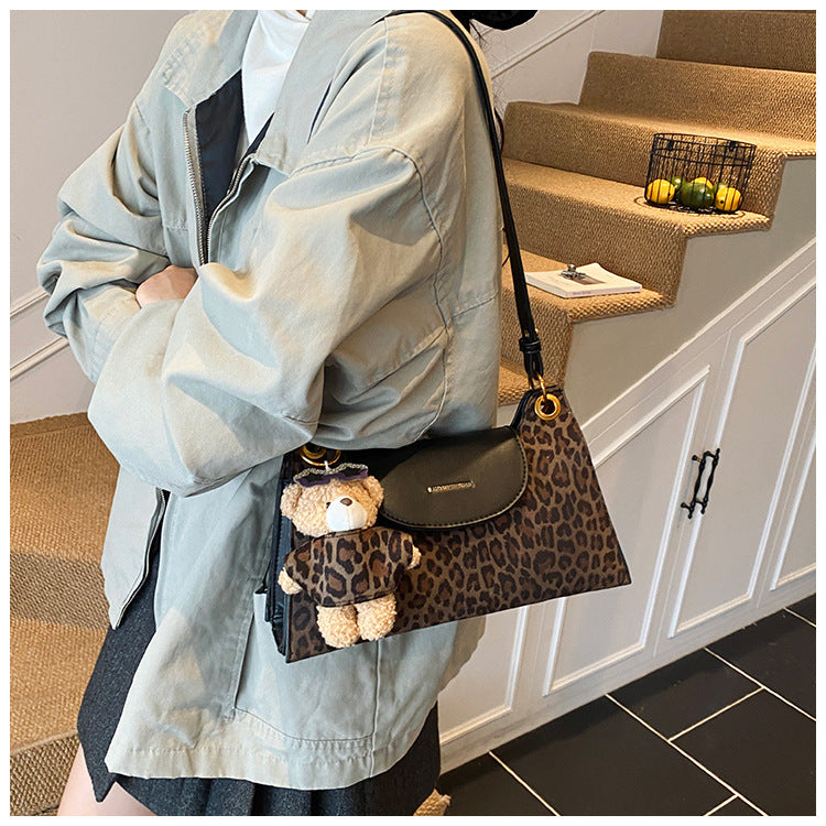 Leopard Print Square Underarm Bag For Women In Polyester With Single Shoulder Strap Ornament