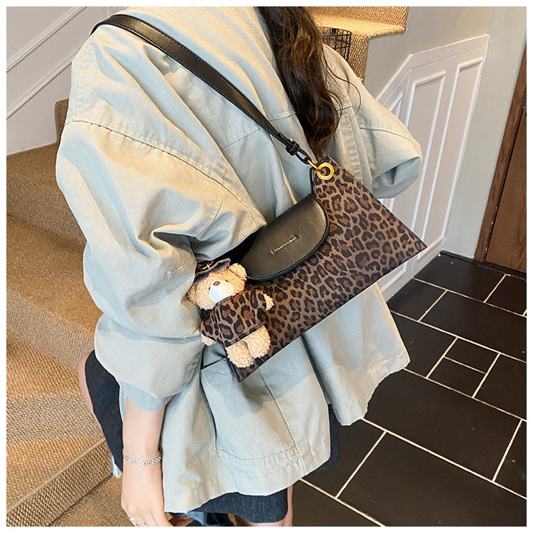 Leopard Print Square Underarm Bag For Women In Polyester With Single Shoulder Strap Ornament