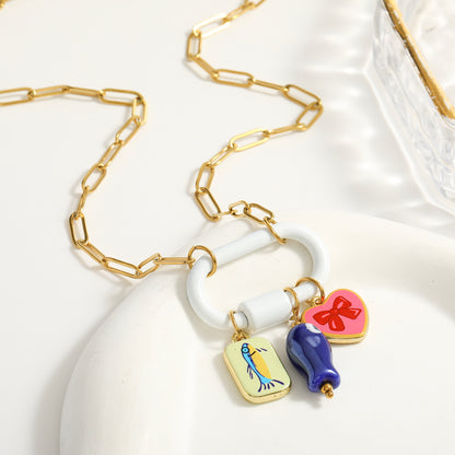 Palm Electroplated Multicolor Necklace For Women In Simple Style With 201 Stainless Steel Paperclip Chain
