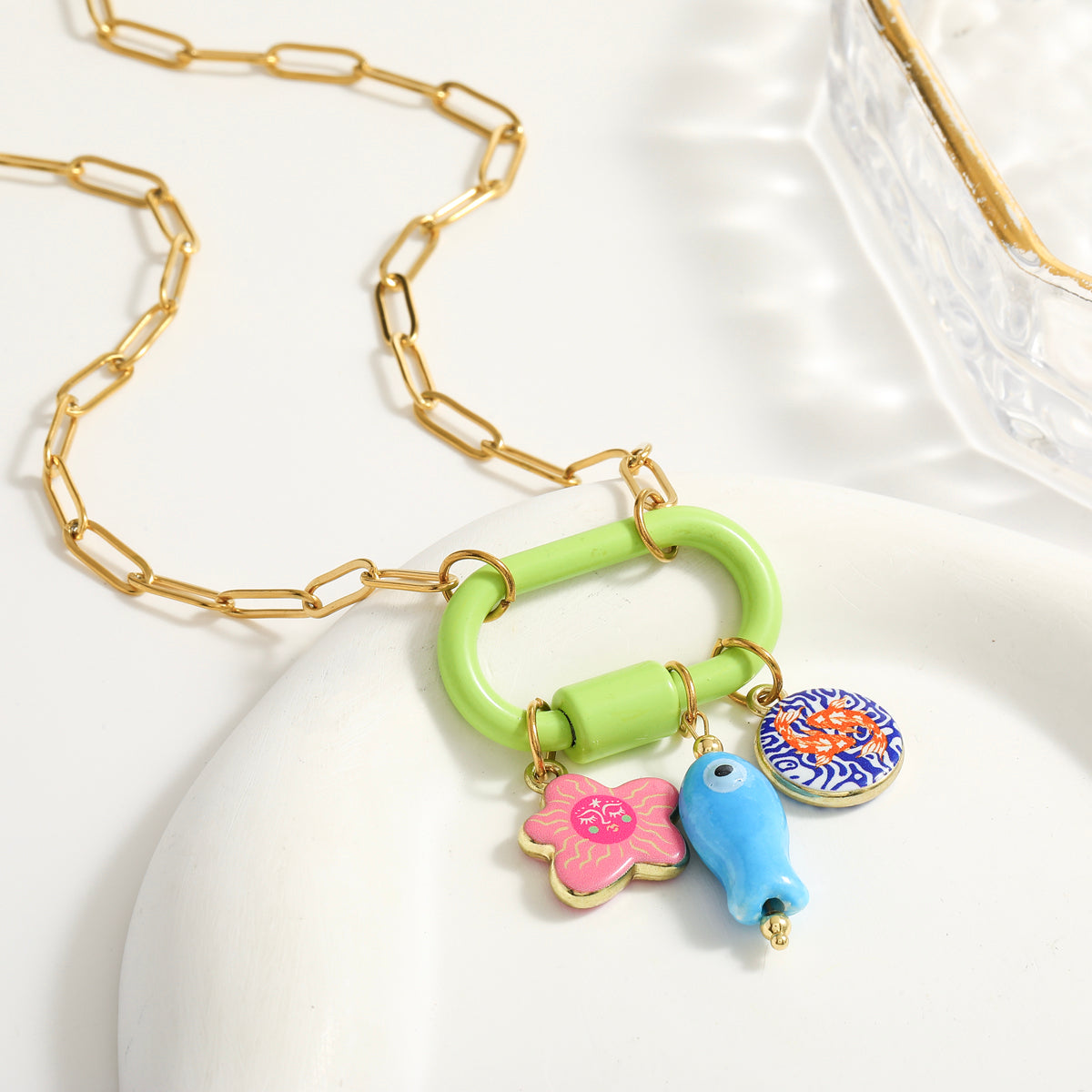 Palm Electroplated Multicolor Necklace For Women In Simple Style With 201 Stainless Steel Paperclip Chain