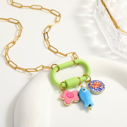 Palm Electroplated Multicolor Necklace For Women In Simple Style With 201 Stainless Steel Paperclip Chain