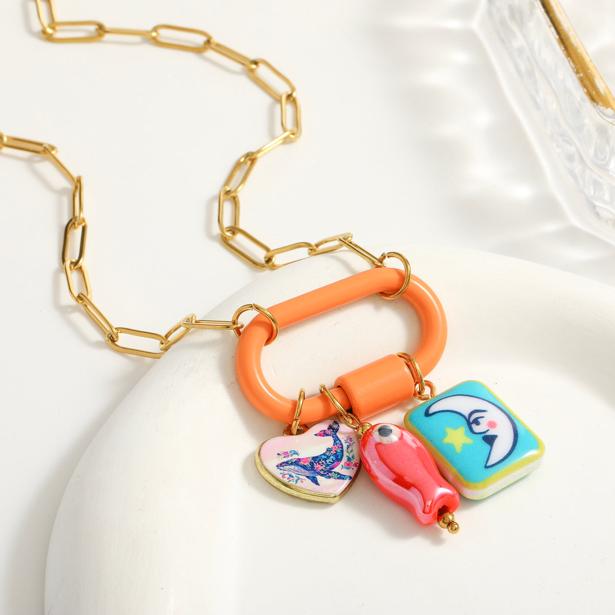 Palm Electroplated Multicolor Necklace For Women In Simple Style With 201 Stainless Steel Paperclip Chain