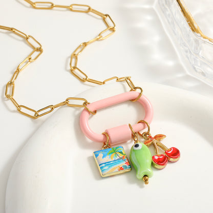 Palm Electroplated Multicolor Necklace For Women In Simple Style With 201 Stainless Steel Paperclip Chain