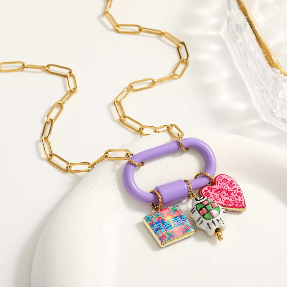 Palm Electroplated Multicolor Necklace For Women In Simple Style With 201 Stainless Steel Paperclip Chain
