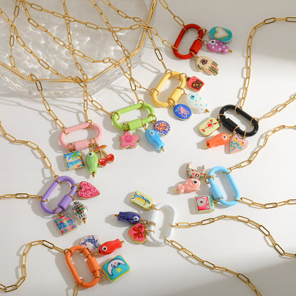 Palm Electroplated Multicolor Necklace For Women In Simple Style With 201 Stainless Steel Paperclip Chain