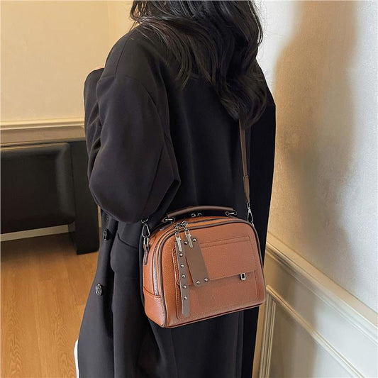 Women’s Square Splicing PU Leather Bag With Top Handle, Perfect For Winter