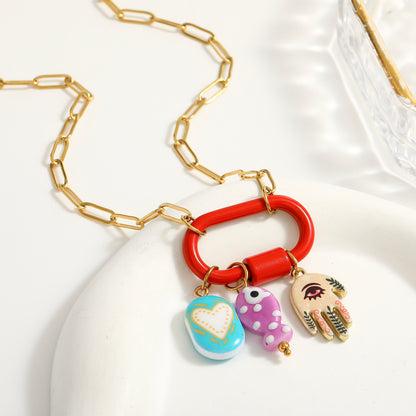 Palm Electroplated Multicolor Necklace For Women In Simple Style With 201 Stainless Steel Paperclip Chain