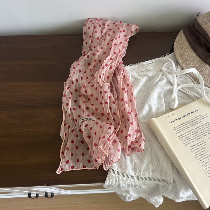 Retro Polka Dots Twilly Scarf For Women In White Polyester, Perfect For Spring