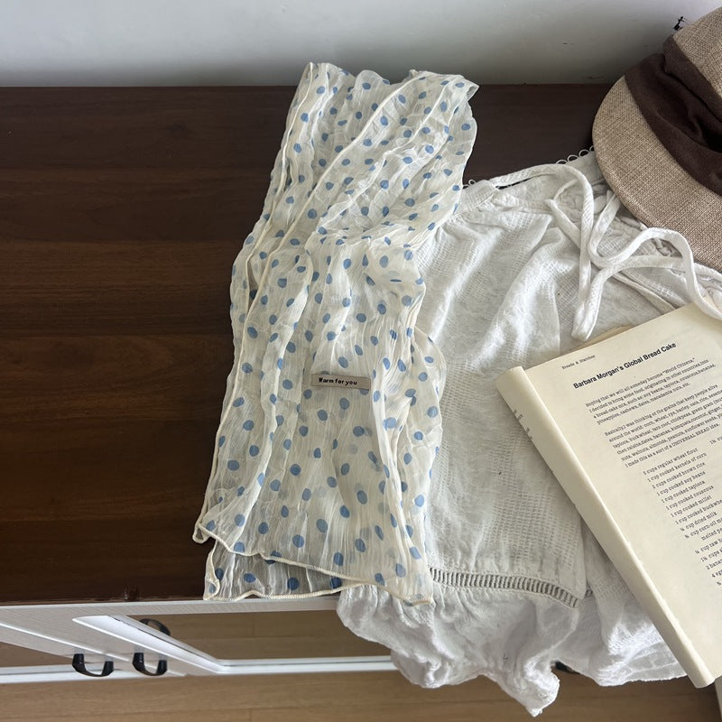 Retro Polka Dots Twilly Scarf For Women In White Polyester, Perfect For Spring