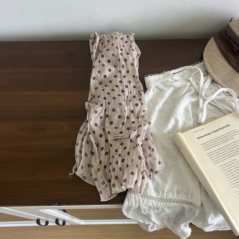 Retro Polka Dots Twilly Scarf For Women In White Polyester, Perfect For Spring